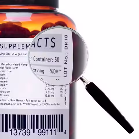 Детальне зображення лупи, що збільшує інформацію на етикетці пляшки, підкреслює значення результатів лабораторних досліджень CBD