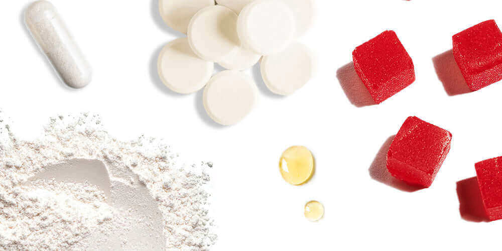 різні форми NMN, включаючи: капсули, порошки, настойки, жувальні цукерки та креми